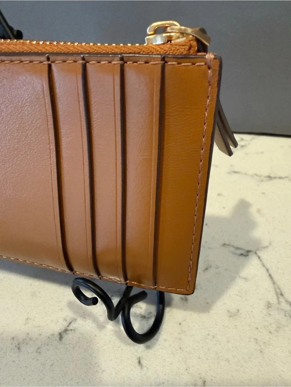Tory Burch Caramel Quilted Leather Zip Card Holder with Gold Logo
